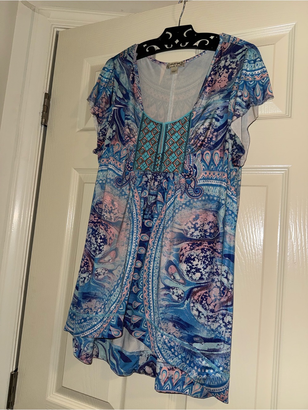 Blue Paisley-Print Flutter Sleeve Blouse